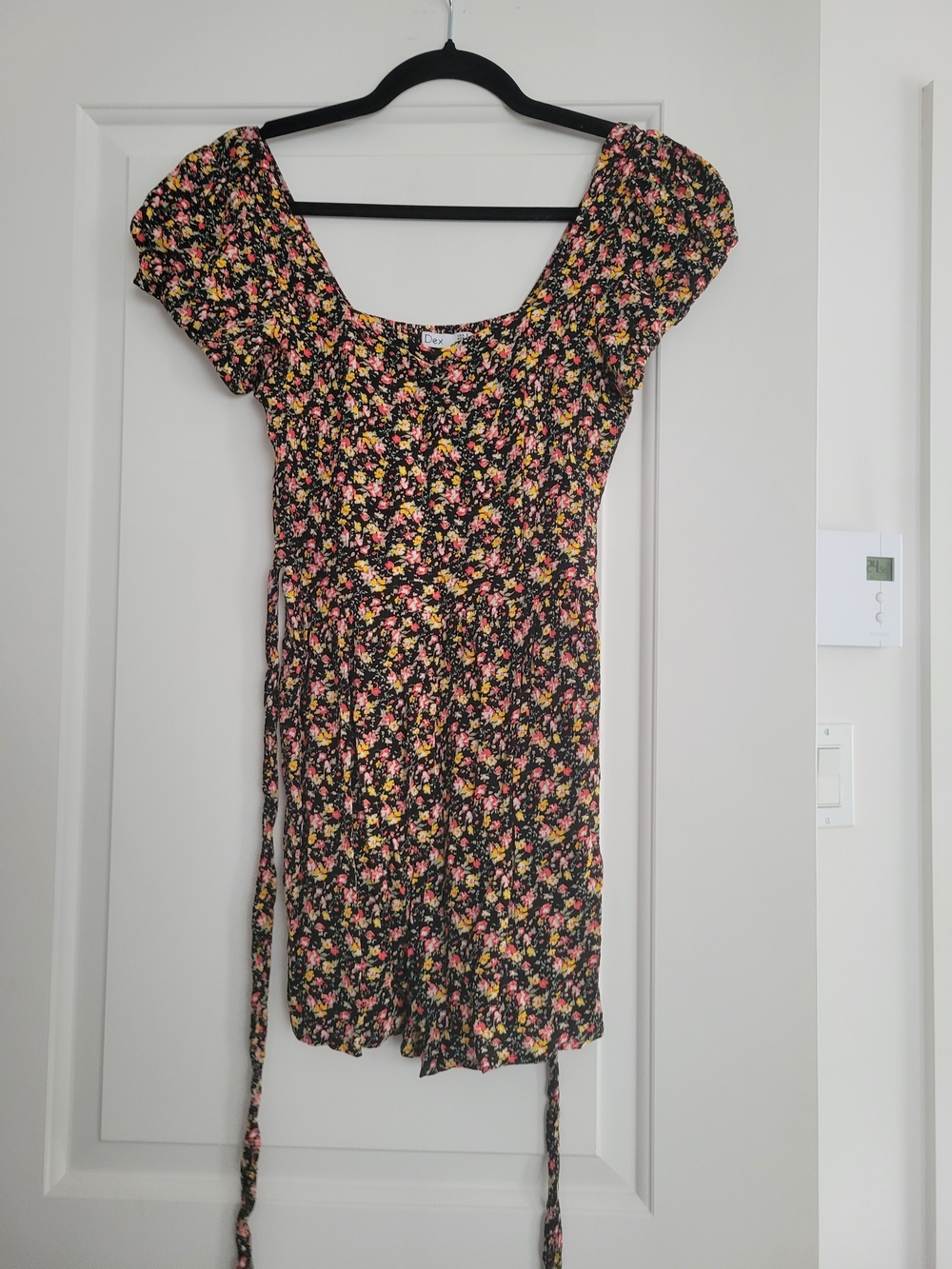 Black Floral Tie-Waist Romper with Pink & Yellow Blossoms